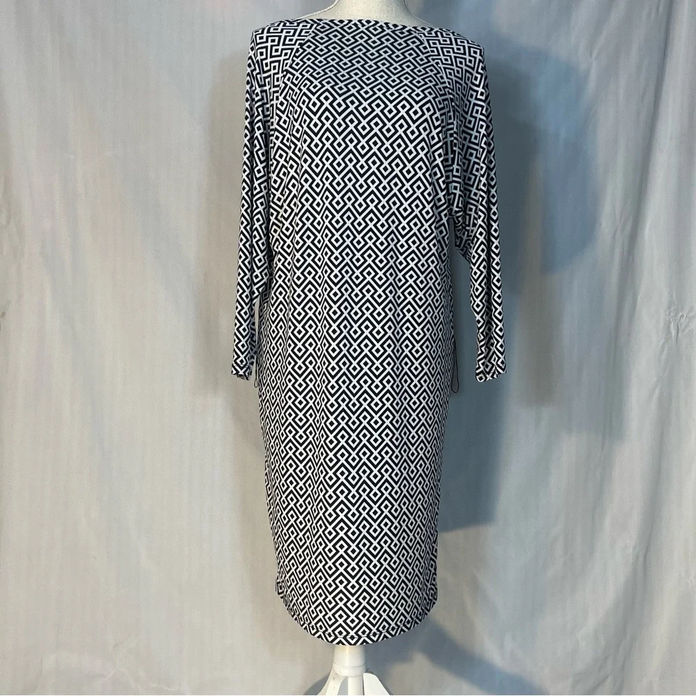 Michael Kors Dress Black & White Sheath Geometric Print  Dolman 3/4 Sleeves S